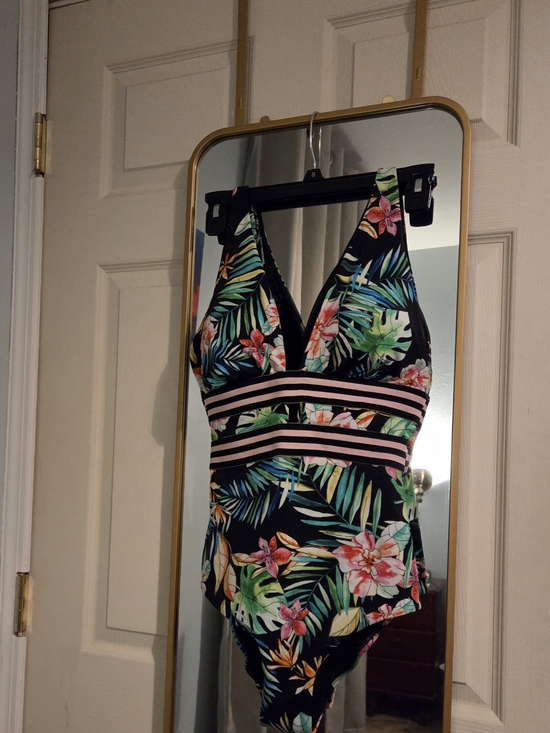 Swimsuits For All Other - Swimsuits For All Black Tropical Floral One-Piece with Pink Stripes-Size 10